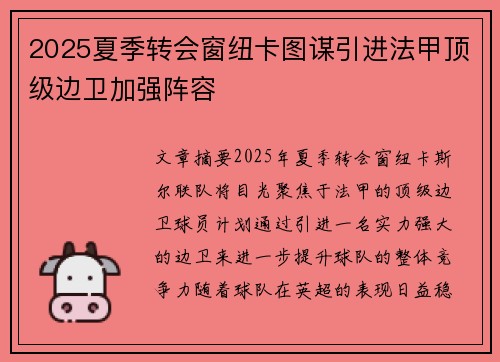 2025夏季转会窗纽卡图谋引进法甲顶级边卫加强阵容