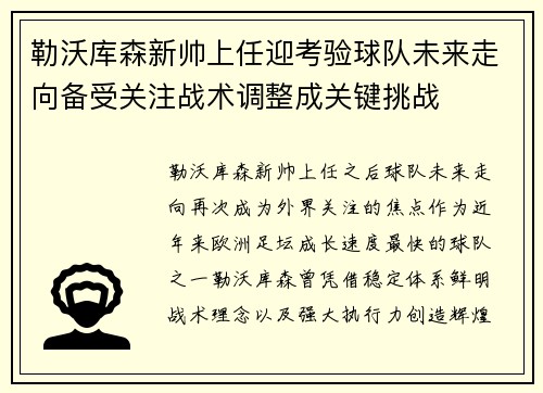 勒沃库森新帅上任迎考验球队未来走向备受关注战术调整成关键挑战